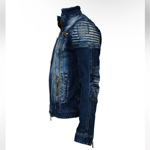 ANGEL COLA Men’s Biker Slim Fit Distressed Washed Blue Denim Jacket $234 EUC M - Picture 15 of 16